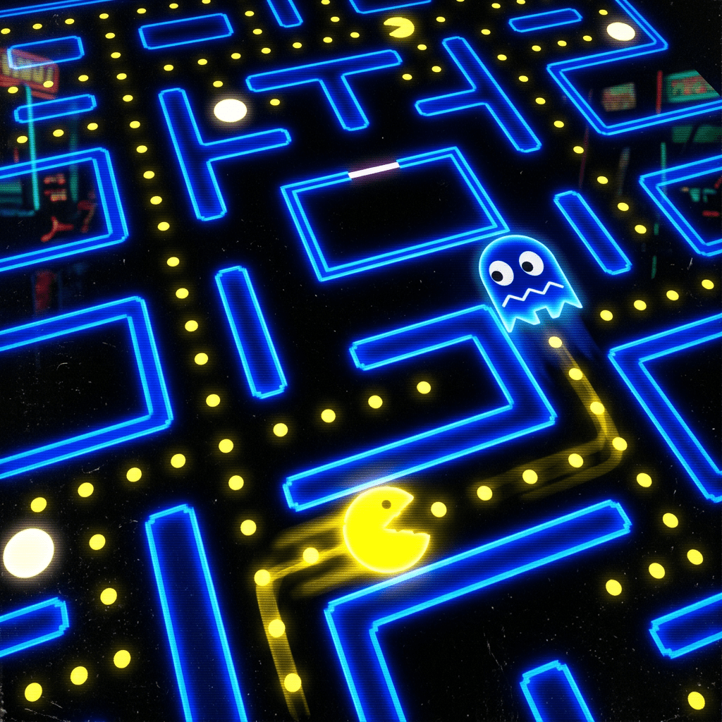 Pac-Man eating pellets while being chased by a blue ghost in a maze