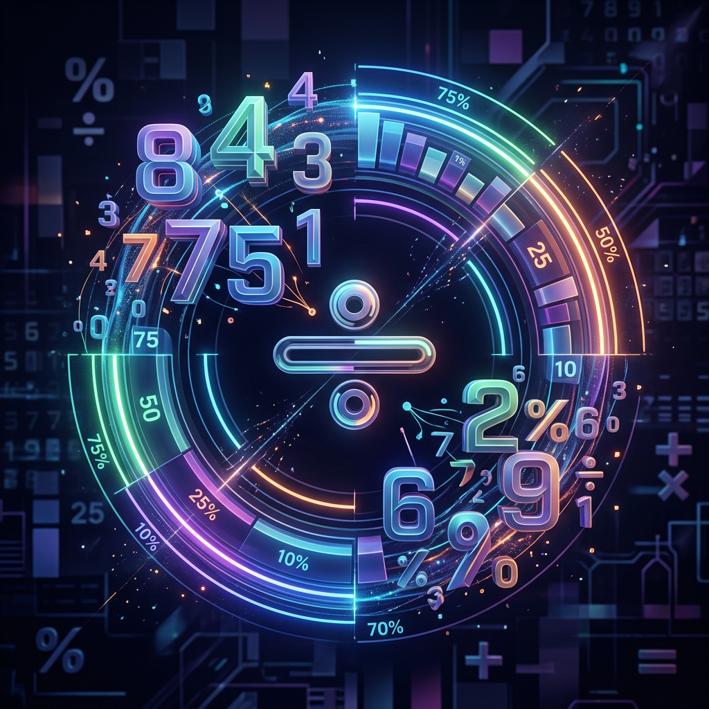 Colorful digital division symbol surrounded by numbers and percentage charts