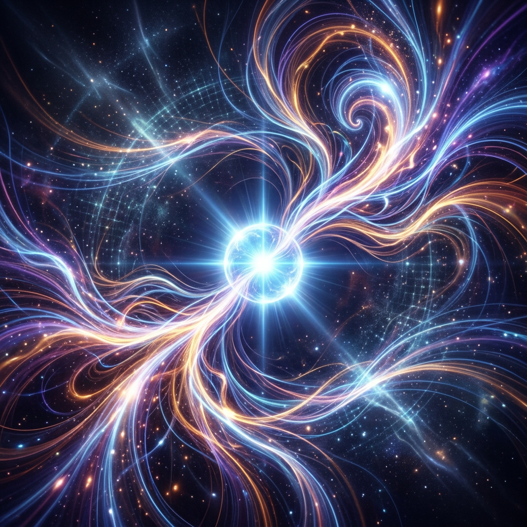 Bright central star with swirling blue and orange energy streams in space