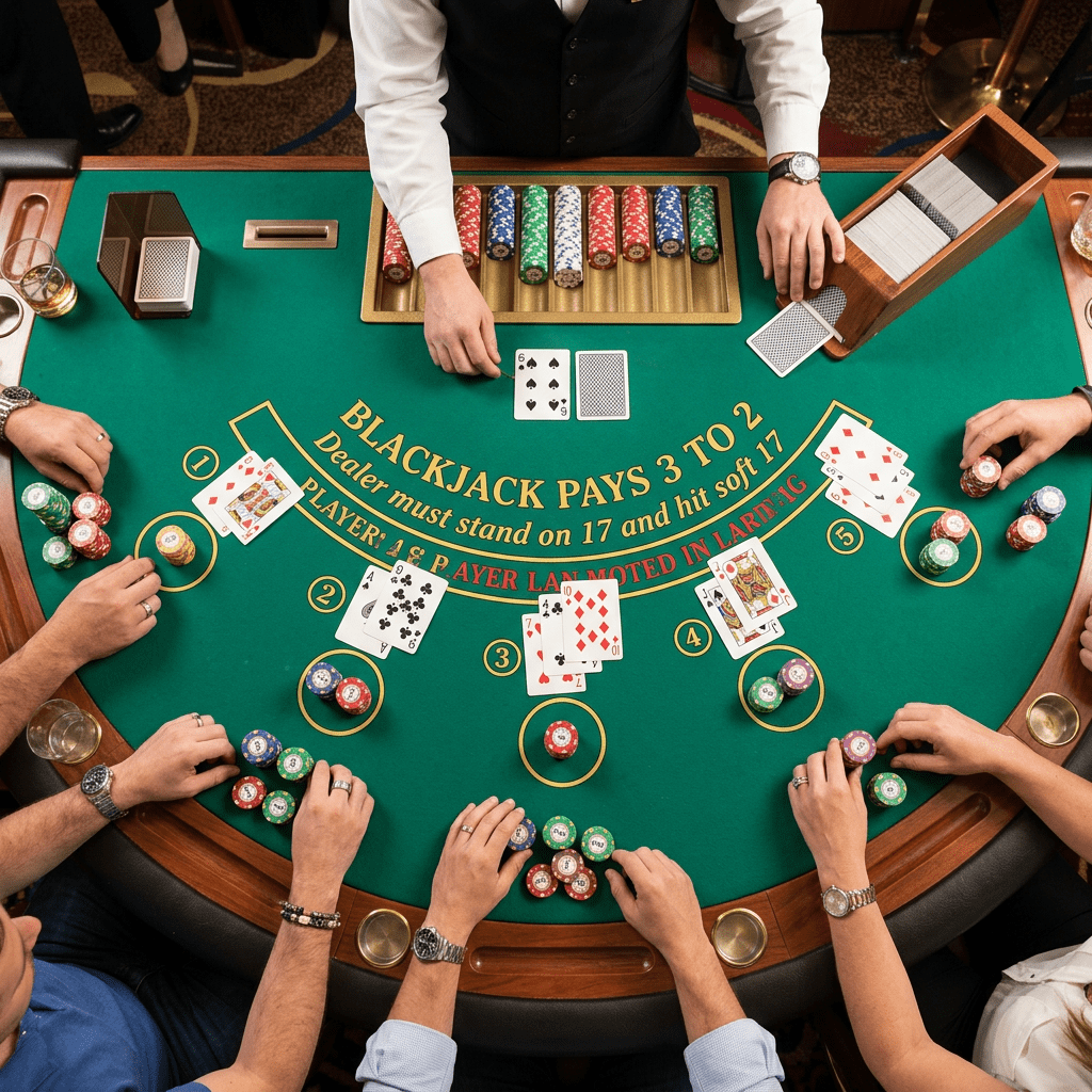 Blackjack game with players, dealer, cards, and chips on green felt table