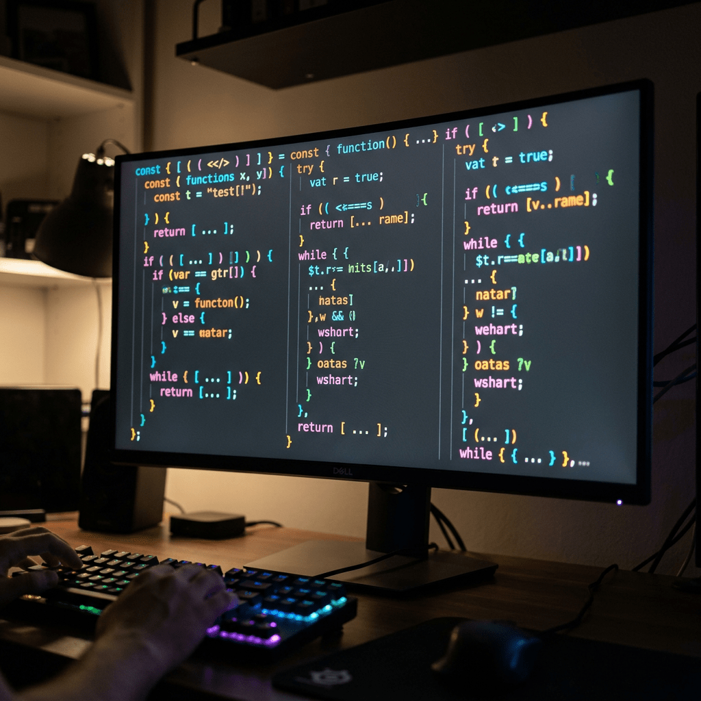 Computer screen showing colorful JavaScript-like code with a person typing on a backlit keyboard