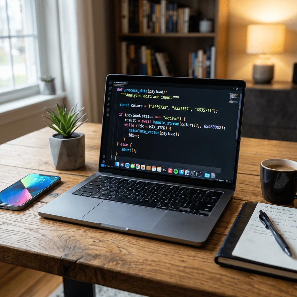 Laptop screen with programming code on a wooden desk with smartphone, plant, notebook, and coffee